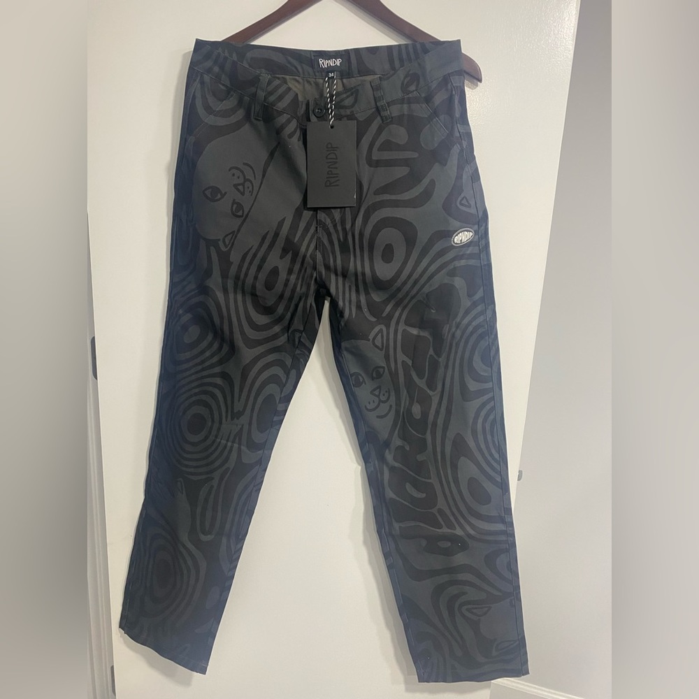 RIPNDIP Black N Gray Chino Twill Pants in Cat print Size 34